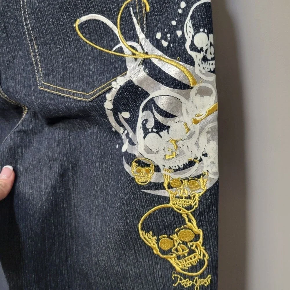 Vintage Y2K Paco Jeans Size 17 Dark Wash Gold Skull‎ Graphic Streetwear Unique